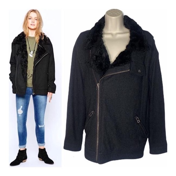 Free People Olive Wool Blend Utility Moto Motorcycle Military Bomber Jacket Coat - Picture 7 of 15